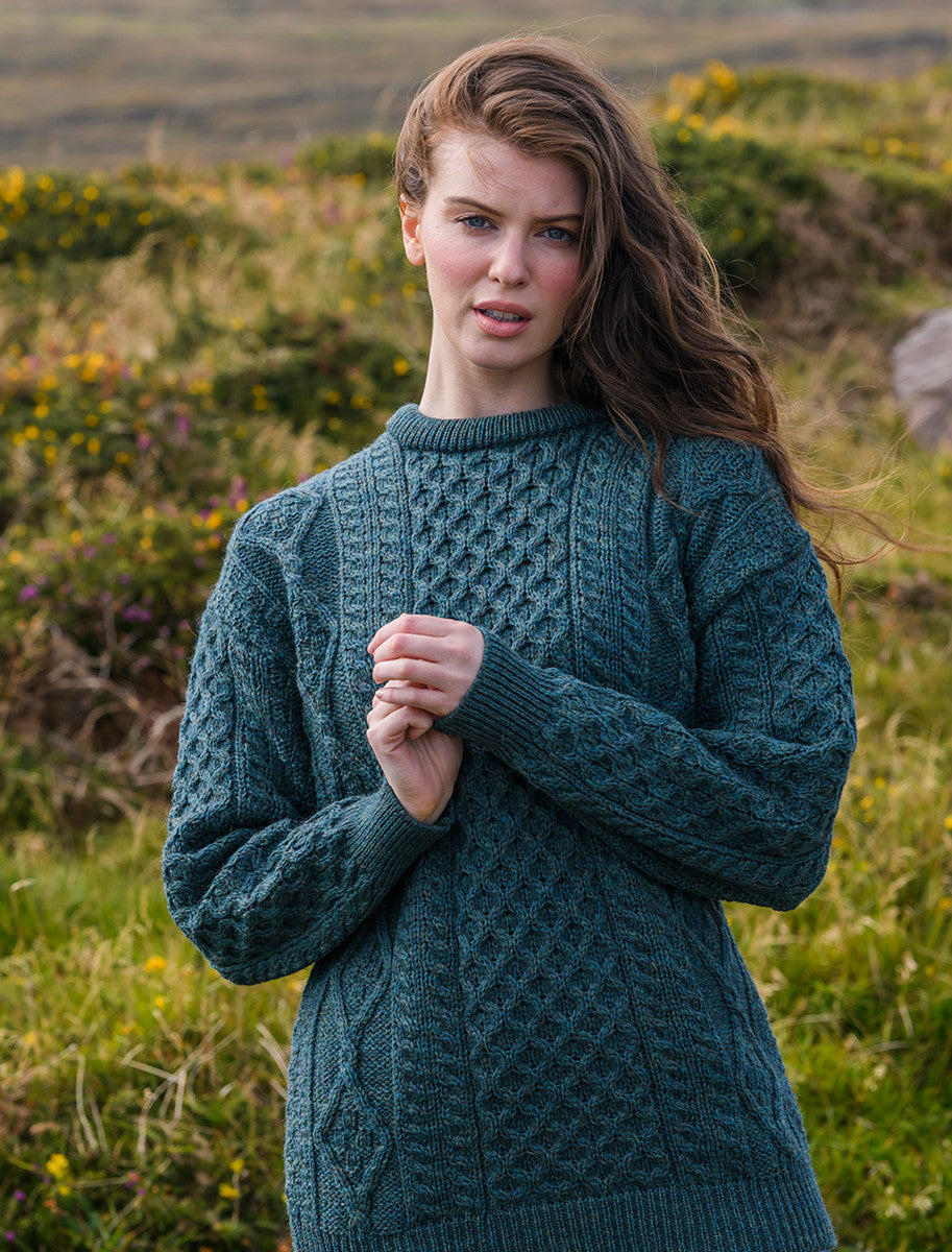 Cable Knit Crew Neck Aran Wool Sweater - Blackwatch