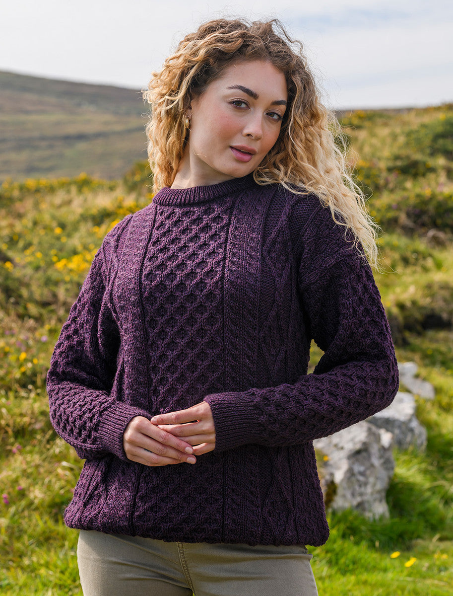 Cable Knit Crew Neck Aran Wool Sweater -  Grape