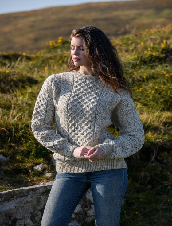 Cable Knit Crew Neck Aran Wool Sweater - White with Fleck