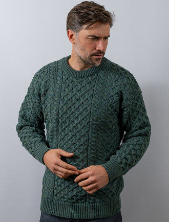 Mens Heavyweight Traditional Aran Wool Sweater - Moss Green
