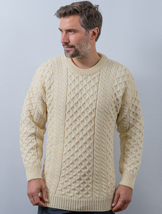 Mens Heavyweight Traditional Aran Wool Sweater - Natural White