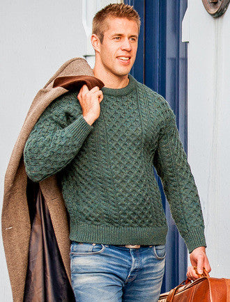 Mens Traditional Aran Irish Wool Sweater - Moss Green