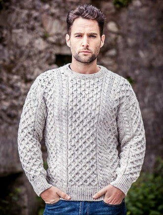 Mens Heavyweight Traditional Aran Wool Sweater - White Fleck