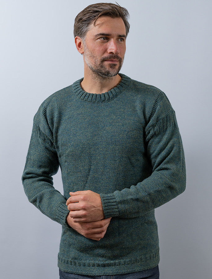 Mens Crew Neck Guernsey Sweater - Moss