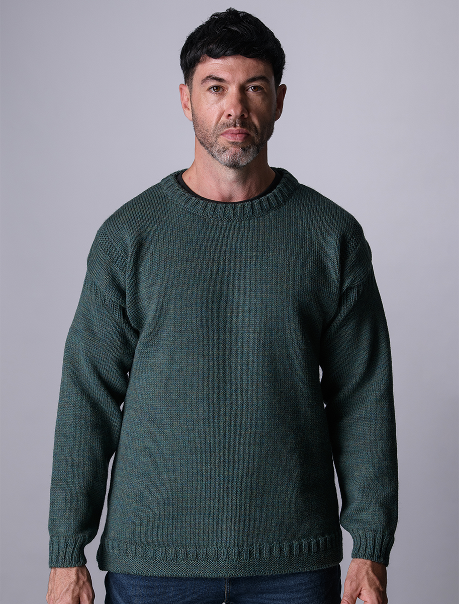 Mens Crew Neck Guernsey Sweater - Moss