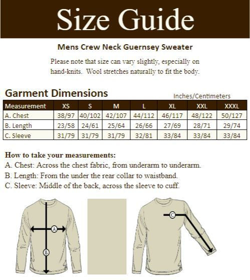 Mens Crew Neck Guernsey Sweater - size Guide