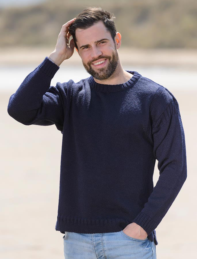 Mens Crew Neck Guernsey Sweater - Navy