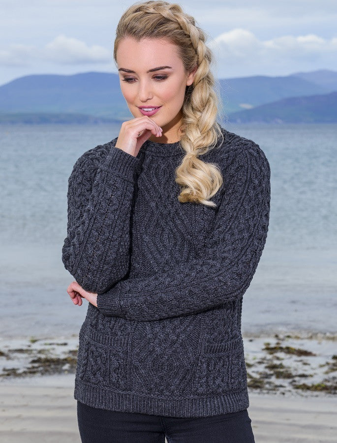 Cable Crew Neck Sweater with Pockets - Charcoal