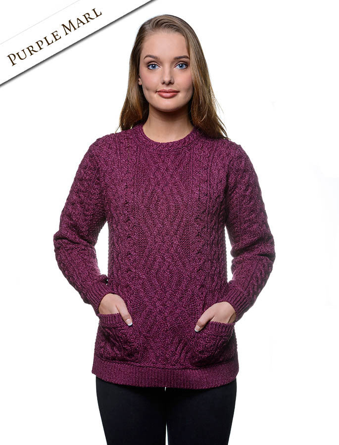 Cable Crew Neck Sweater with Pockets - Purple Marl