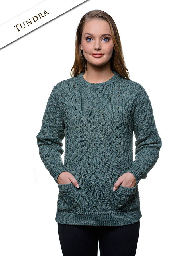 Cable Crew Neck Sweater with Pockets - Tundra