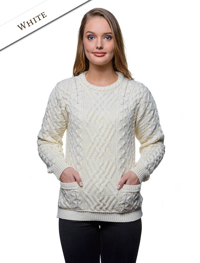 Cable Crew Neck Sweater with Pockets - White
