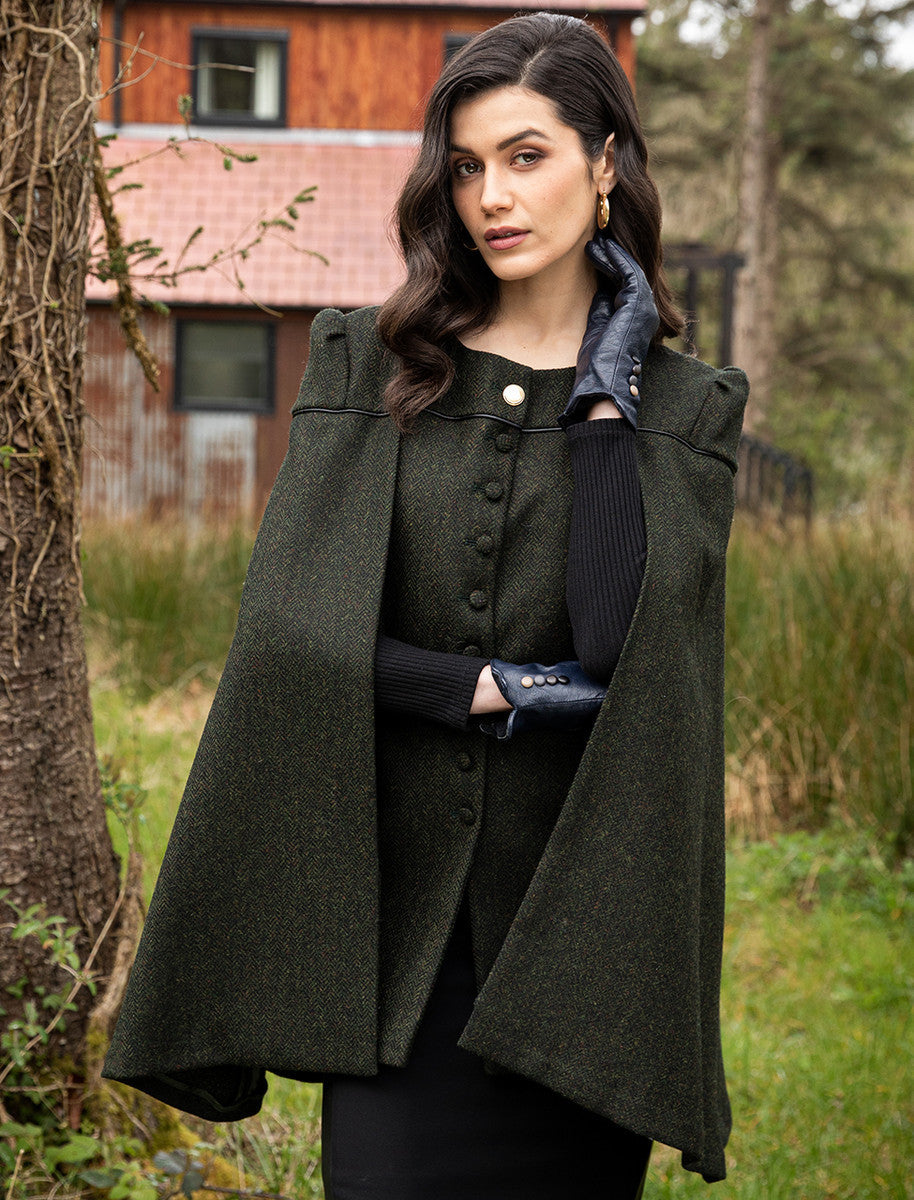 Aisling Tailored Tweed Cape - Winning Green Herringbone