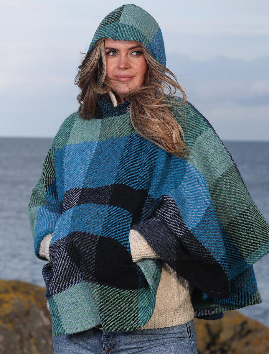 Cheryl Herringbone Hooded Poncho - Kildare Blue