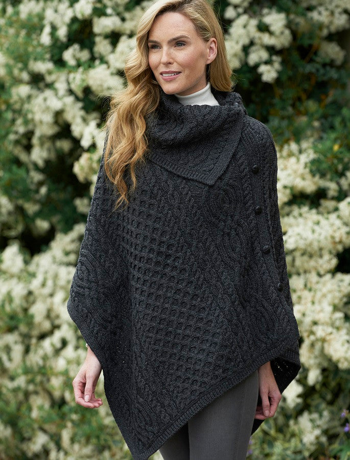 Ladies Merino Button Poncho - Charcoal