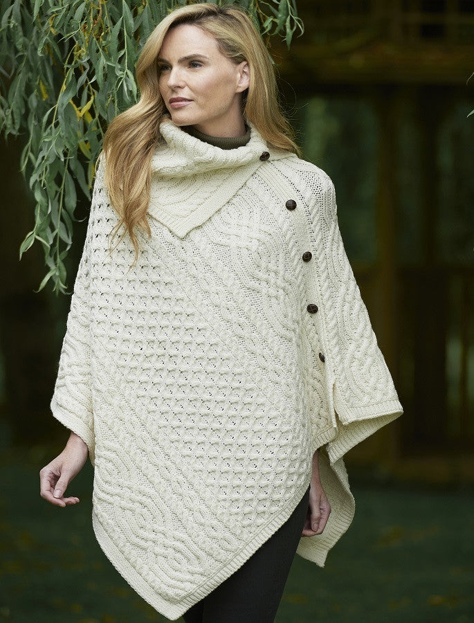 Ladies Merino Button Poncho - Natural White
