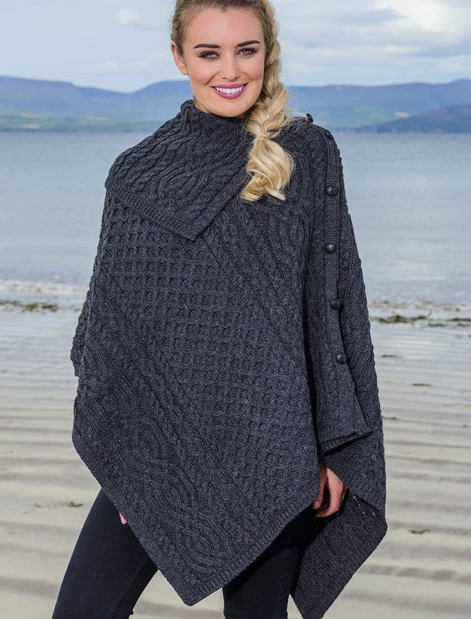 Ladies Merino Button Poncho - Charcoal