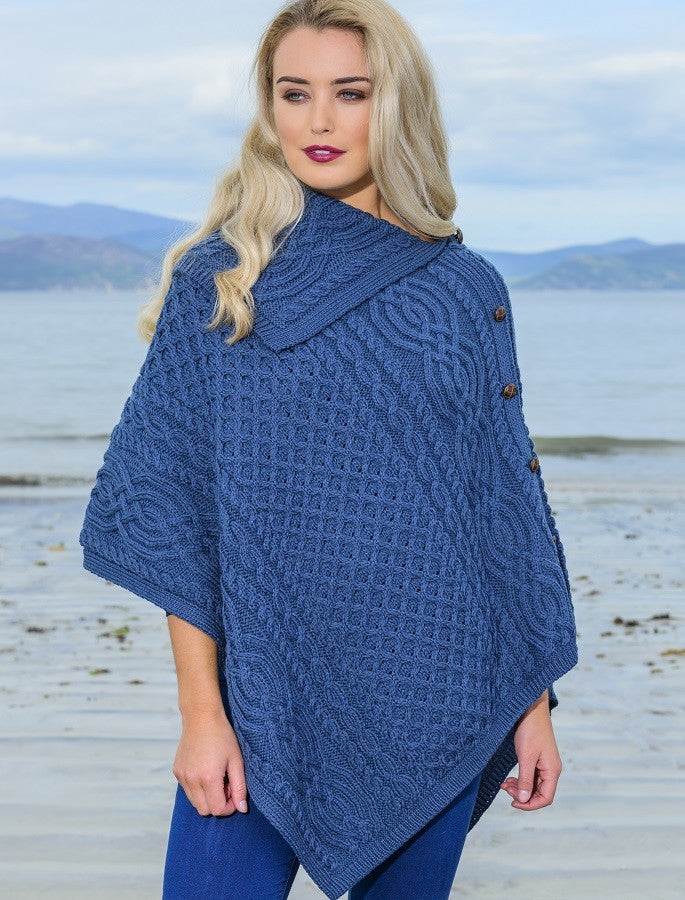 Ladies Merino Button Poncho - Mallard Blue