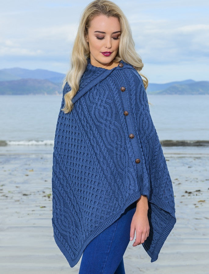 Ladies Merino Button Poncho - Mallard Blue