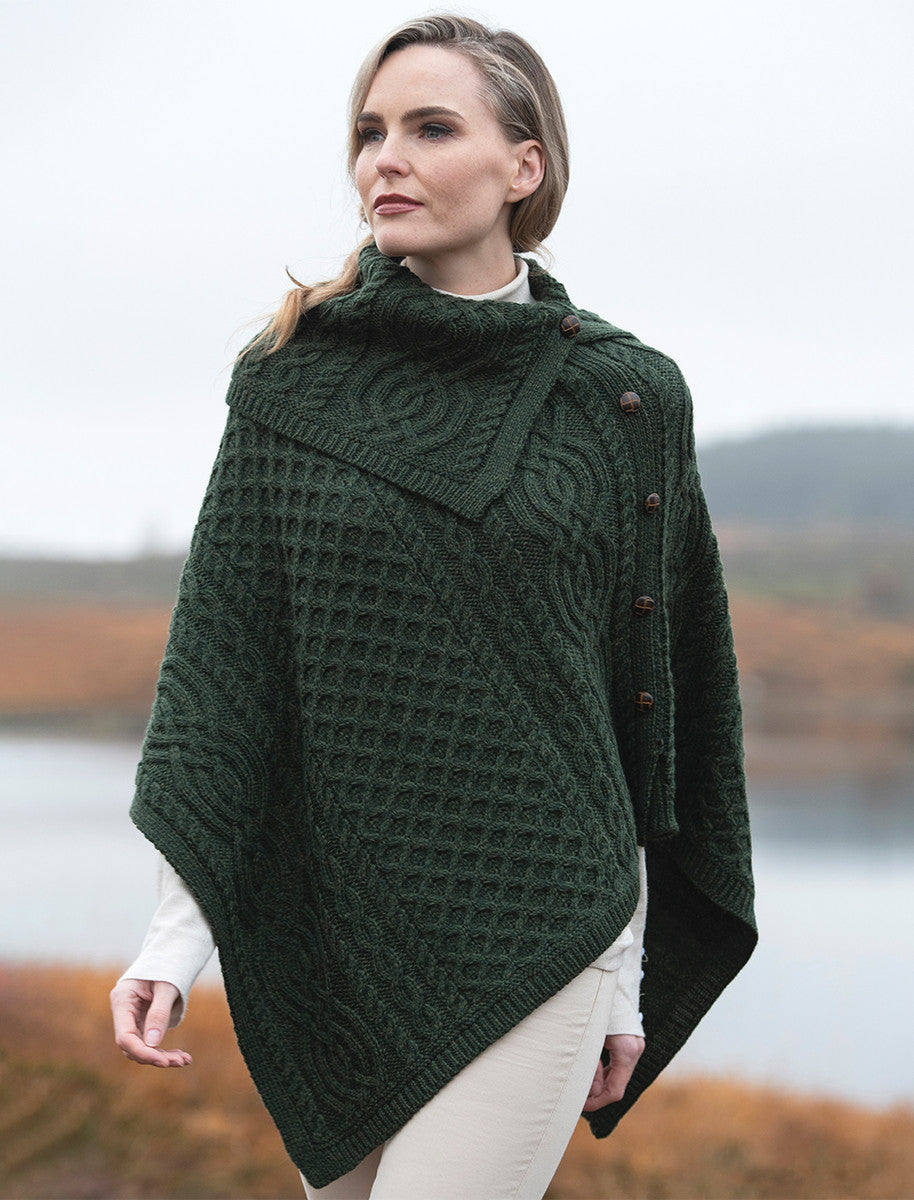 Ladies Merino Button Poncho - Army Green