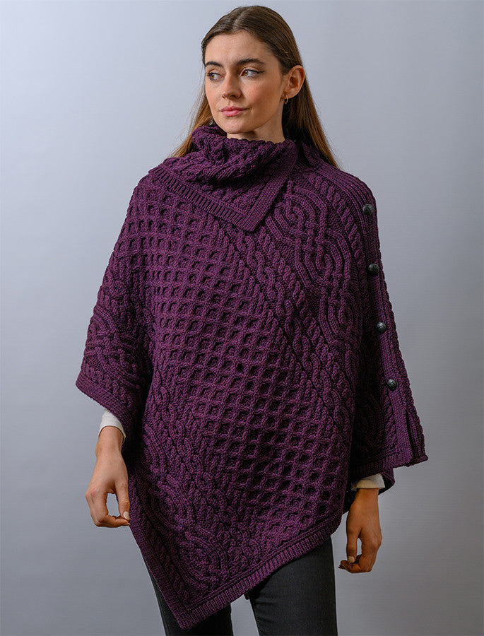 Ladies Merino Button Poncho - Damson