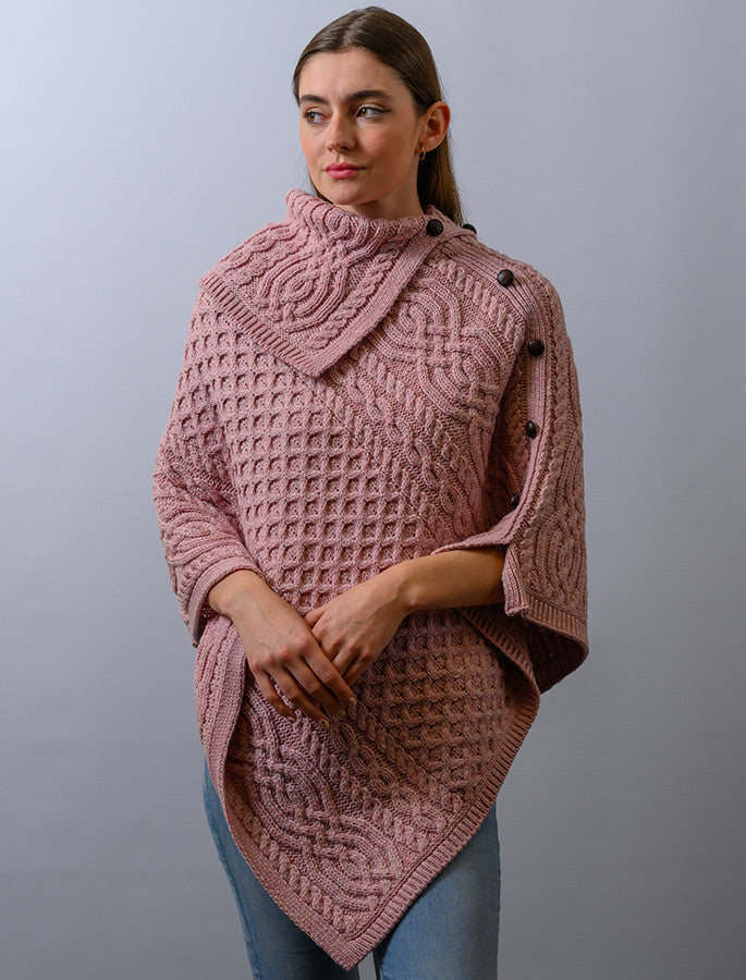Ladies Merino Button Poncho - Dusty Pink