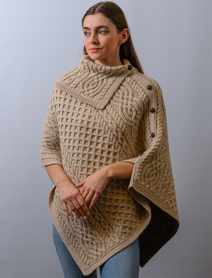 Ladies Merino Button Poncho - Parsnip