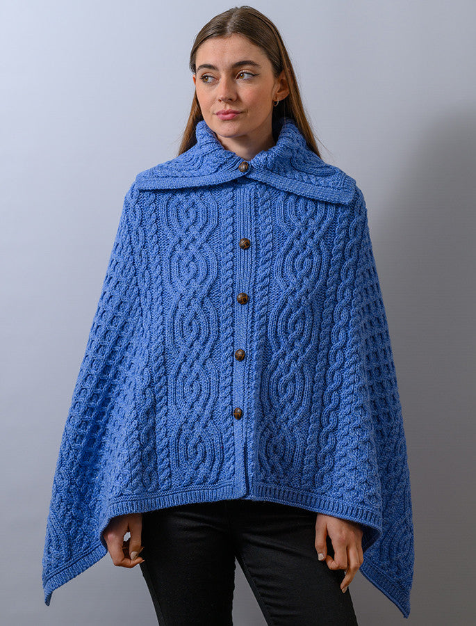 Ladies Merino Button Poncho - Wedgewood