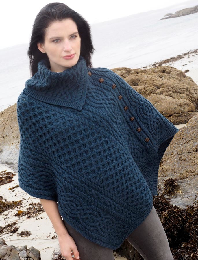 Ladies Merino Button Poncho - Mallard Blue