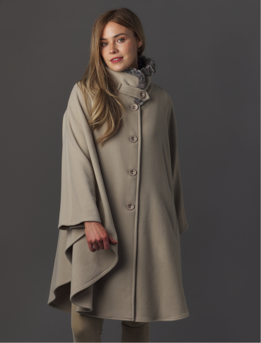 Cashmere Wool Cape With Faux Fur Collar - Stone
