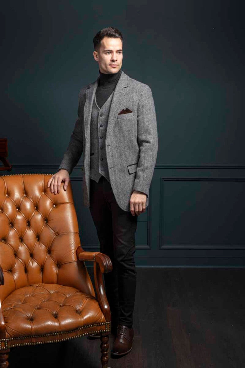 Grey Hunting Tweed Jacket with Moleskin Trim