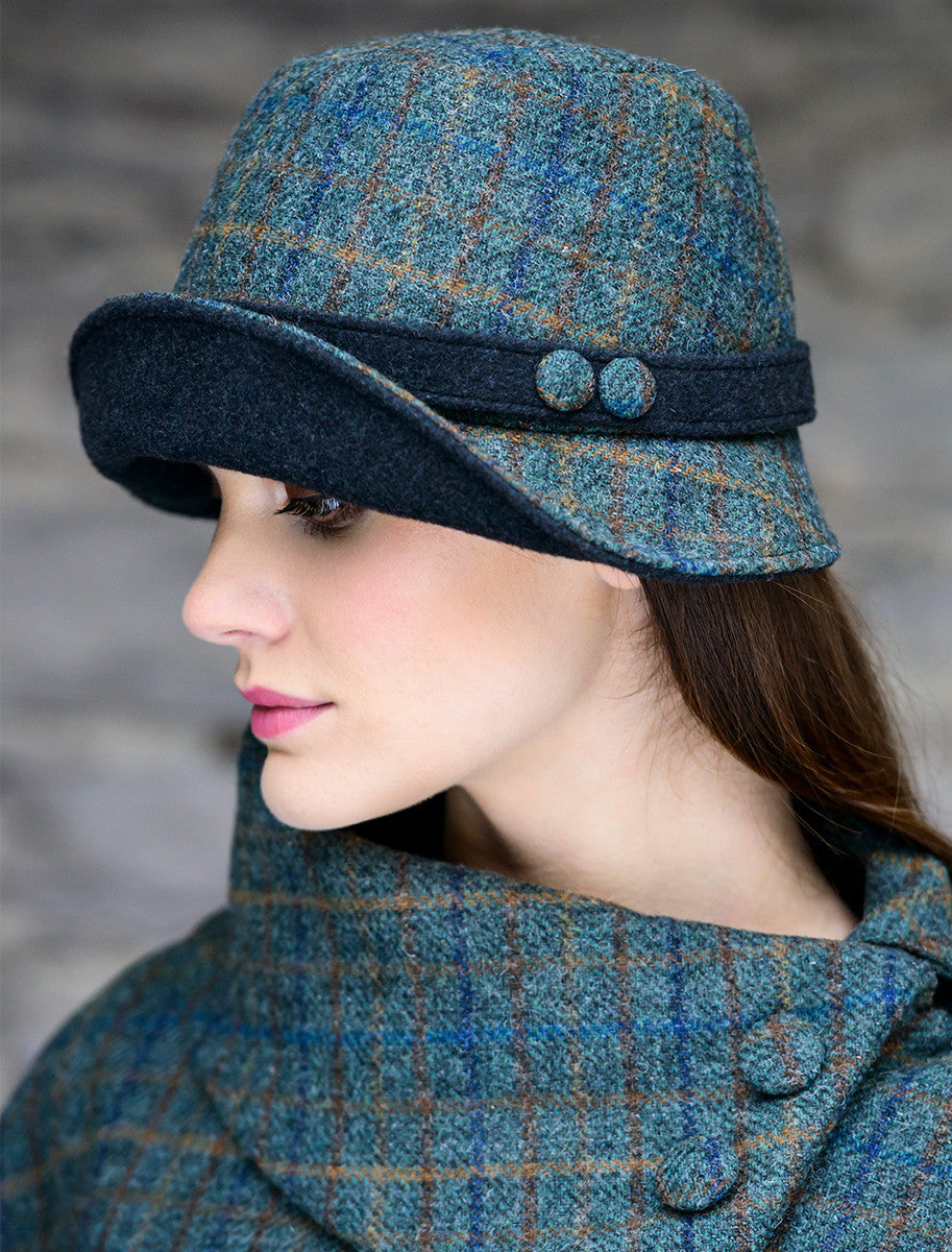 Ladies Tweed Clodagh Hat - Teal & Brown Plaid