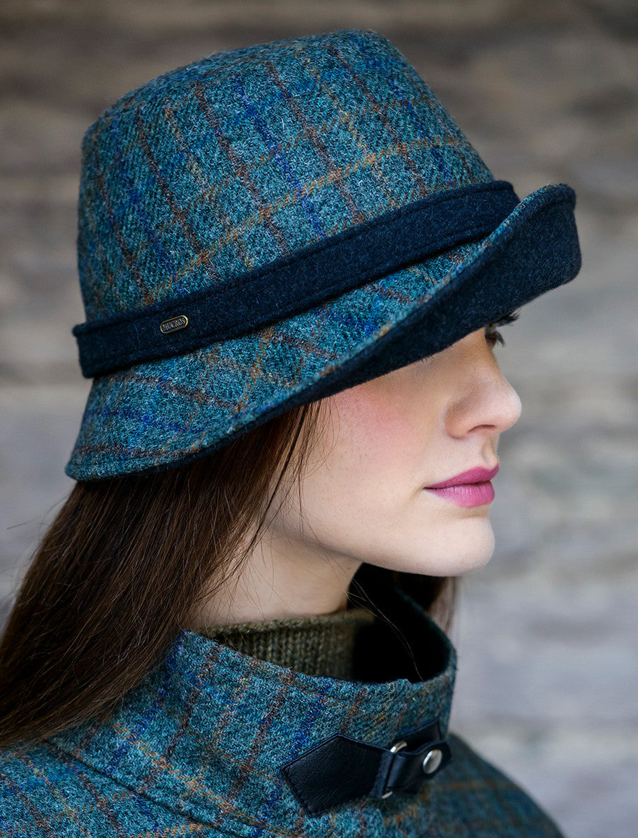 Ladies Tweed Clodagh Hat - Teal & Brown Plaid