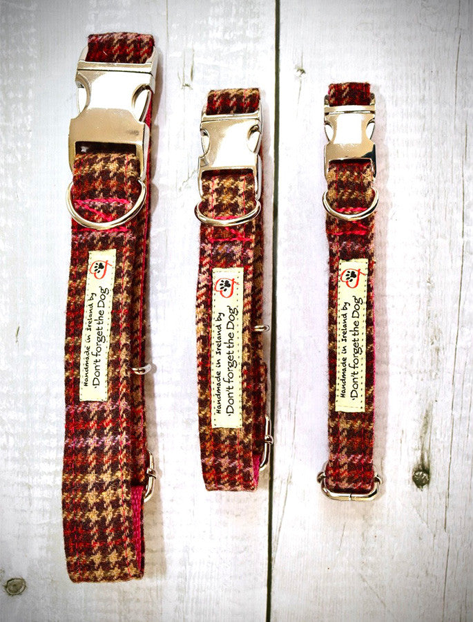 Tweed Dog Collar Metal Buckle - Pink & Amber Plaid