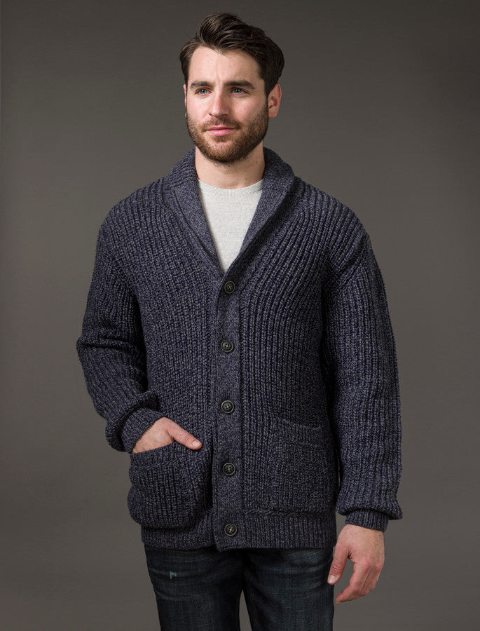 Merino Wool Ribbed Shawl Neck Cardigan - Cormorant Blue
