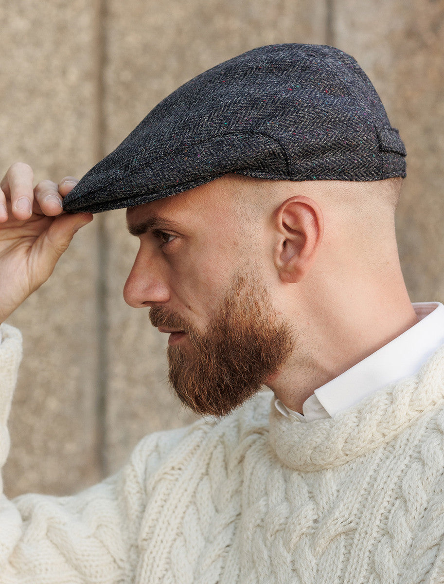 Donegal Tweed Flat Cap - Navy With Fleck