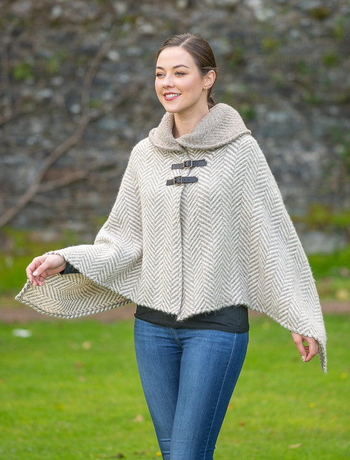 Shawl Collar Herringbone Poncho - Beige & Cream