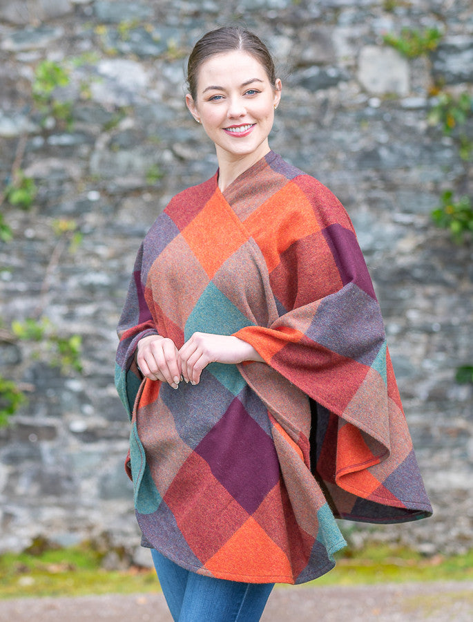 Lambswool Sue Cape - Orange , Teal & Browne