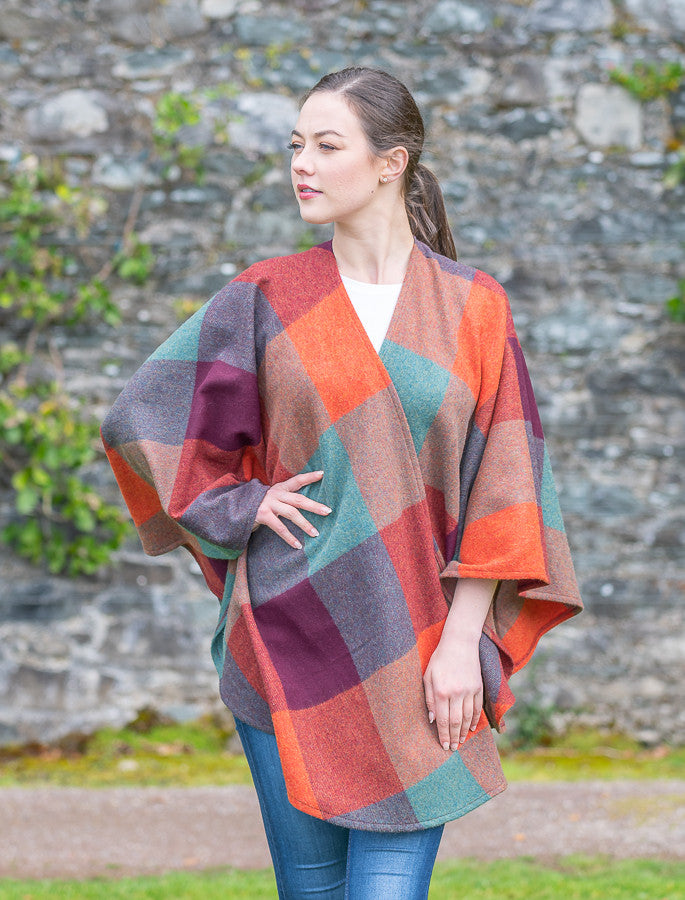 Lambswool Sue Cape - Orange , Teal & Browne