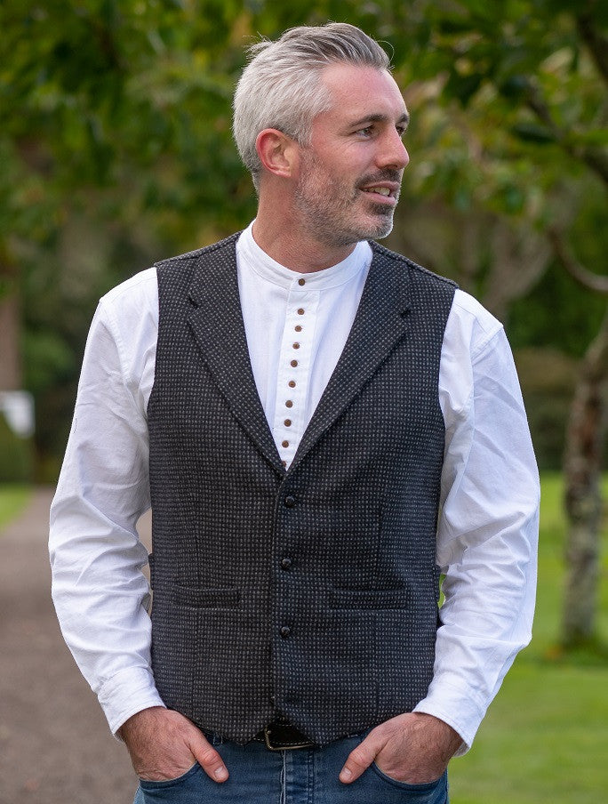Black and Grey Night Check Tweed Waistcoat With Lapel