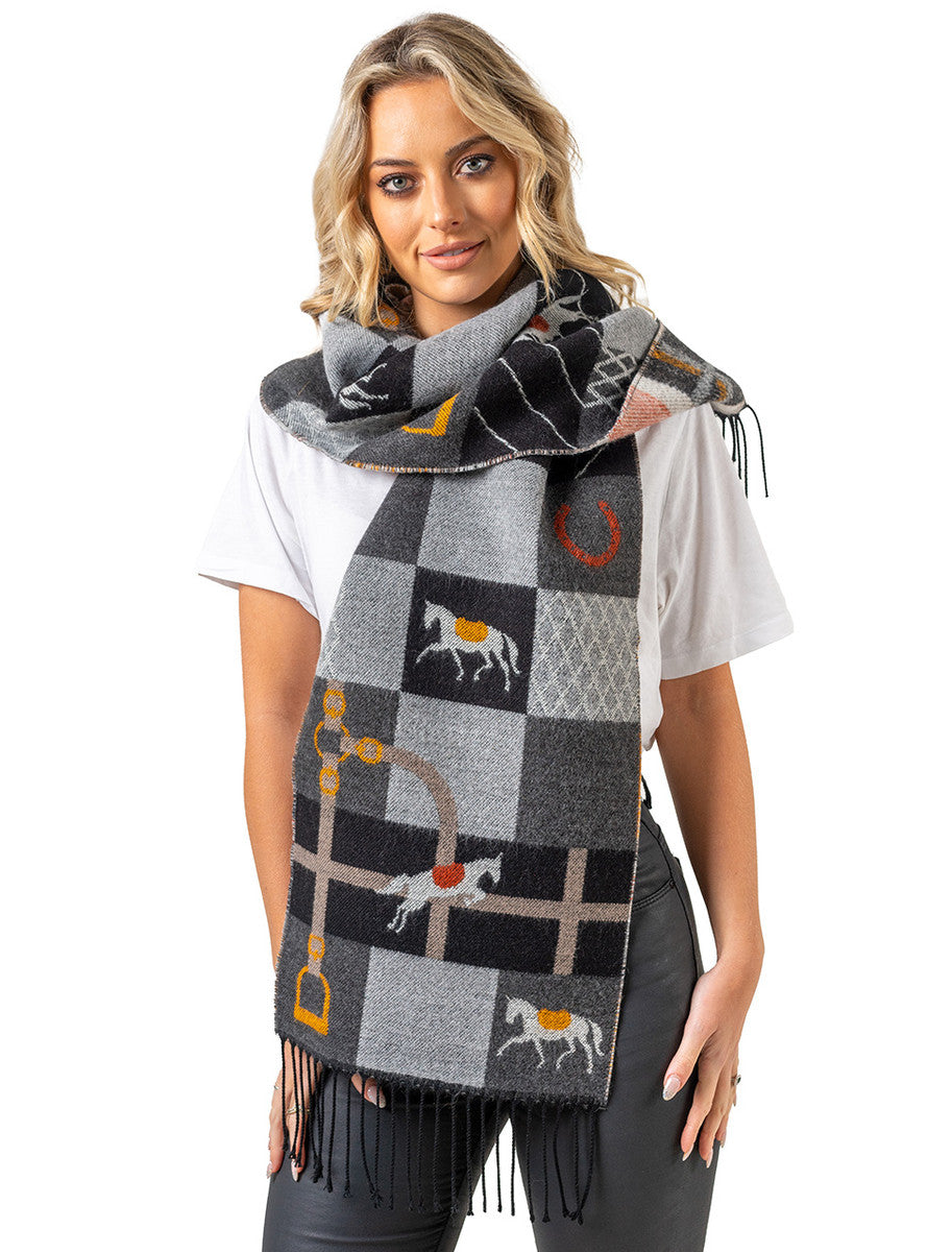 Soft Horse Motif Fringed Scarf - Black Charcoal