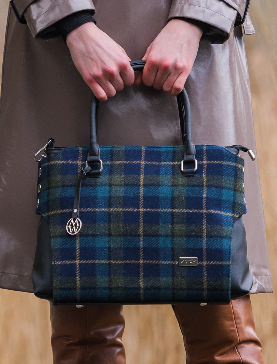 Emily Tweed & Leather Bag - Navy Sky Green