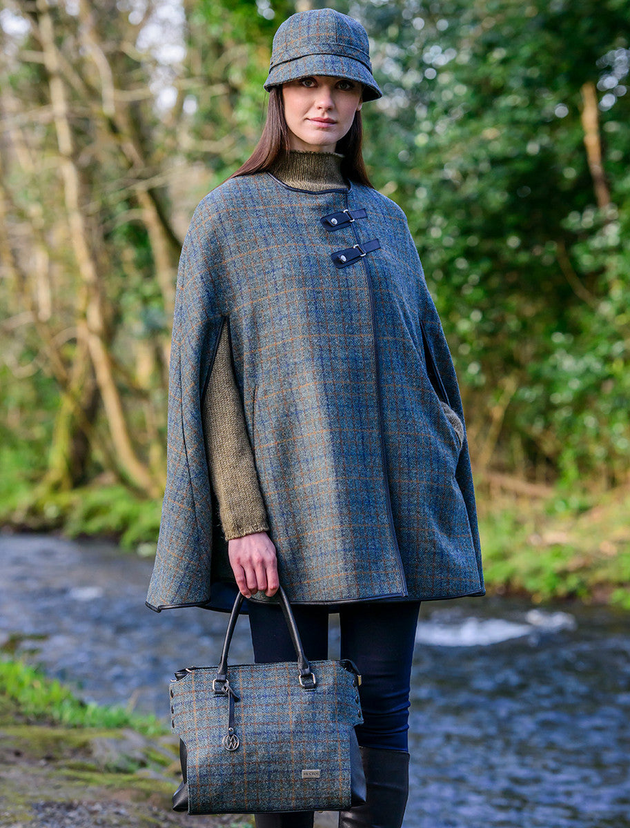 Emily Tweed & Leather Bag - Green, Navy & Brown Plaid
