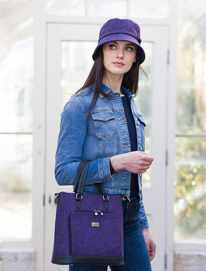 Emily Tweed & Leather Bag - Purple Herringbone