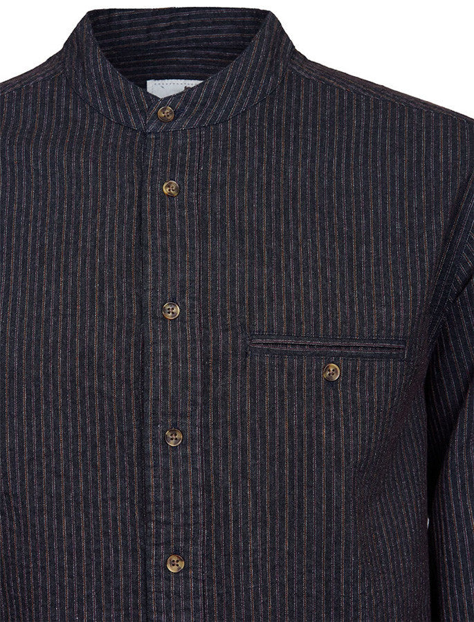 Ladies Comfort Cotton Grandfather Shirt - Black with Burgundy Stripes