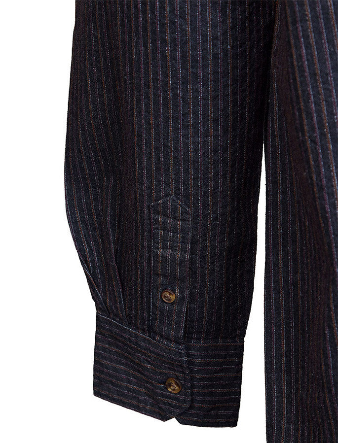 Ladies Comfort Cotton Grandfather Shirt - Black with Burgundy Stripes