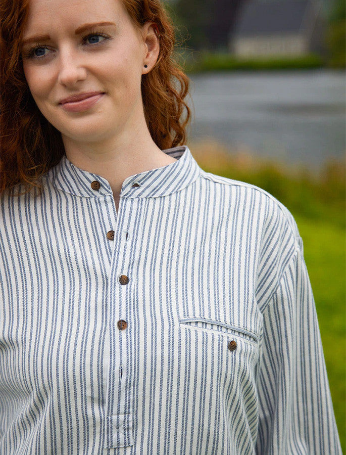 Ladies Flannel Grandfather Shirt - Blue Stripe