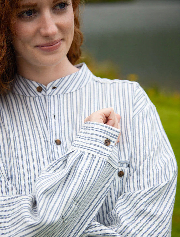 Ladies Flannel Grandfather Shirt - Blue Stripe