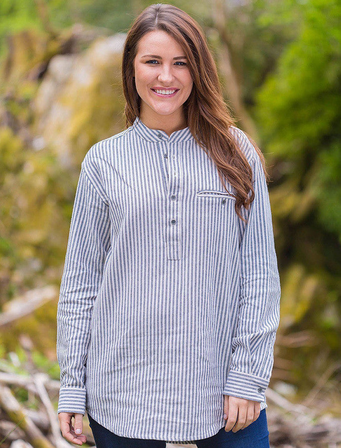 Ladies Flannel Grandfather Shirt - Navy Stripe