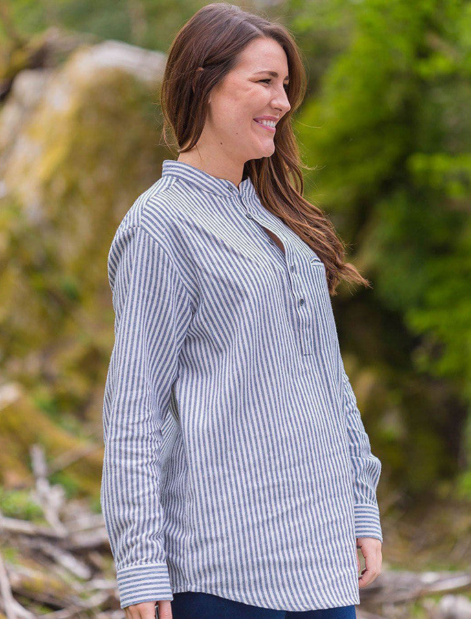 Ladies Flannel Grandfather Shirt - Navy Stripe
