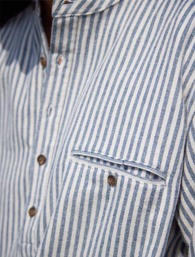 Ladies Flannel Grandfather Shirt - Navy Stripe